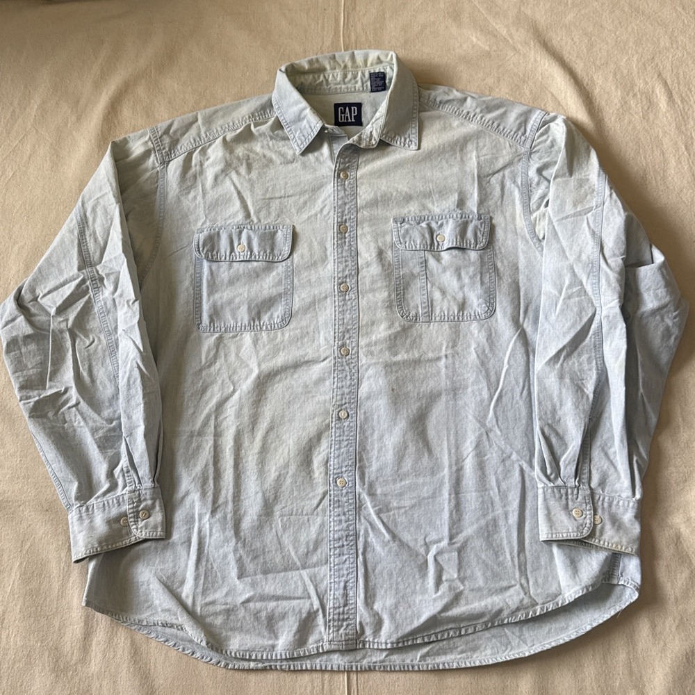 VTG Gap Oxford Chambray Shirt Mens 2XL Blue Button Down Denin Distressed